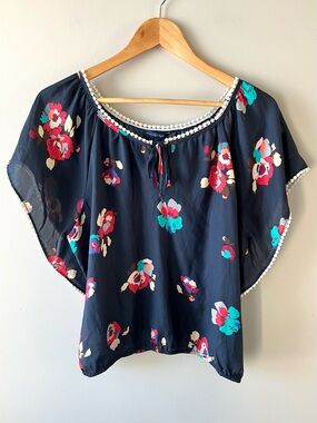Navy & Floral Semi-Sheer Blouse with Crochet Trim Short Dolman Sleeve Size M